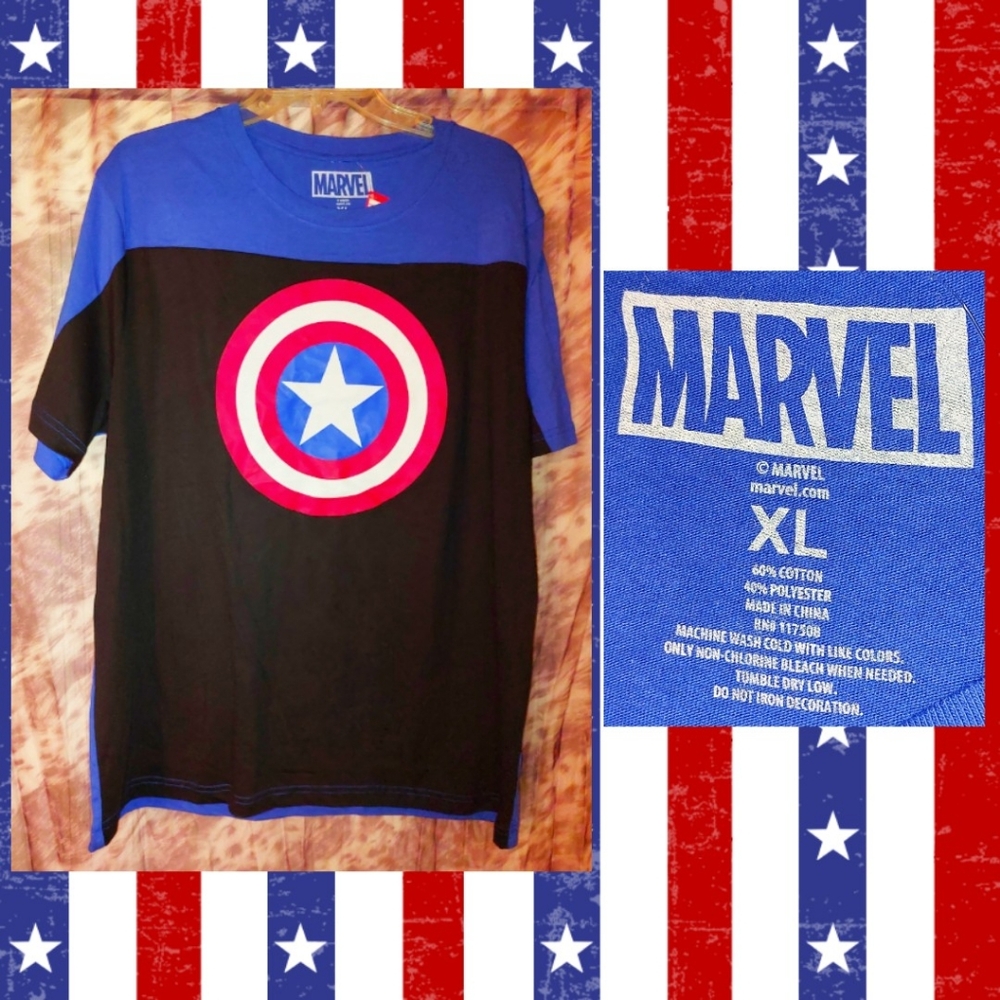 Marvel Royal Blue/Black/Multiclr Colorblock Captain America Shield T-shirt Sz XL
